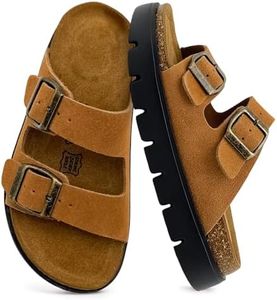 vinshoeci Kids Sandals Boys Girls Slide,Cork Slippers with Adjustable Straps for Little Kid/Big Kid,Memory Foam Insole Footbed Support Non-Slip Summer Shoes Chestnut Suede 6-6.5