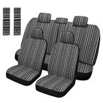 Pariitadin Baja Saddle Blanket Car Seat Covers Full Set with Seat Belt Pads, Washable Breathable Striped Woven Cloth Seat Covers for Cars, Universal Fit Most Cars, Airbag Compatible, Black/White