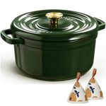 Overmont 26cm Enameled Cast Iron Dutch Oven - 5L Pot with Functional lid Cookbook & Cotton Potholders - Oven Safe up to 500° F, Sturdy Cookware for Braising, Stews, Roasting, Bread Baking, Green