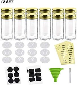 Nellam French Round Glass Spice Jars – Set of 12 with Shaker Lids and Chalkboard Sticker Labels, Small 4oz Bottles - Stackable Herbs and Spices Containers - Decorative Organizers in Gold