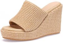 VICKI·VICKI Women's Raffia Wedges Platform Sandals Wedge Slide Open Toe Sandals Khaki Natural Size 10