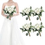 HOMENERGY Set of 4 Bridesmaid Bouquets for Wedding - 7 Inch Artificial Ivory Flower Bouquet for Party Ceremony Anniversary Dinning Table Centerpieces Decor - Ivory