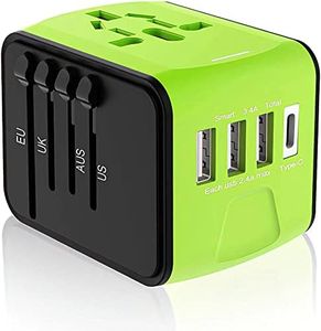 Travel Plug Adapter, Universal Travel Adapter, Travel Power Plug Adapter, International Power Adapter with 3.4A 3 USB & 1 Type-C, for UK, EU, US, AUS, and More 170 Countries (Green)