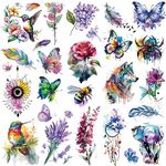 Tazimi 9 Sheets Large 3D Watercolor Temporary Tattoos For Women Girls-Colorful Flower Hummingbird Butterfly Realistic Long Lasting Fake Tattoo Stickers Waterproof Tattoos For Women Adult Body Art