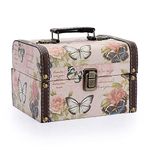 JuxYes Treasure Chest Storage Box with Handle, Wooden & PU Leather Vintage Jewelry Storage Box Trinket Organizer Container Case For Keepsakes and Treasures - Butterfly Pattern