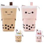 2 Pack Cute Pencil Case Standing Pen Holder Standing Pencil Case Cute Telescopic Kawaii Stationery Pouch Makeup Cosmetics Bag for School Students Office Women Teens Girls Boys,Pink&Brown