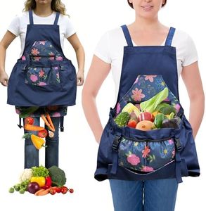 GeerDuo Gardening Apron with Quick Release Pockets for Women and Men, Water Resistant Harvest Picking Pouch, Heavy Duty Canvas Garden Apron with Adjustable Straps(Blue Flower)
