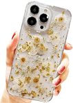 AMART Design for iPhone 13 Pro Case Flowers, Clear Cute Glitter Pressed Dried Flower Design Case Transparent Soft Slim TPU Protective Floral Women Girls Cover for iPhone 13 Pro (Gold Daisy)