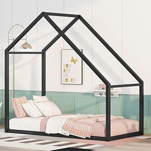 GarveeHome Twin Size Metal House Bed for Toddler Kids, Teens Metal Frame Platform Bed with Roof for Bedroom Apartment, Sturdy Bedframe w/Roof Design for Kids Bedroom, No Box Spring Needed, Black