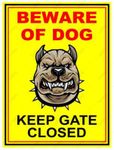 LEPPO Beware of Dog Keep Gate Closed Safety Warning Sign Self Adhesive Laminated Poster (Size W 9 X H 12 inch) Pack of 2 Pcs -Yellow