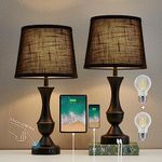 Table Lamps for Bedrooms Set of 2 Black, Bedside Touch Lamps with Dual USB Charging Ports, Nightstand Lamps with Premium Linen Fabric Lampshade for Living Room, Bedroom, Office, LED Bulbs Included