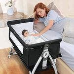 VOOI Baby Bassinet Bedside Sleeper, 3 in 1 Rocking Bassinet for Baby, Bassinet Bedside Sleeper with Wheels, Adjustable Height, Storage Basket, Mattress & Canopy, Bed Side Bassinet for Newborn