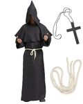 BIQIQI Monk Costume Medieval Friar Hooded Monk Robe Renaissance Priest Robe Costume Adult Wizard Vicar Devil costume Halloween Fancy Dress with Waist Rope and Cross Necklace (M)