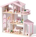 WOODENFUN Wooden Dollhouse for Girls, Doll House with 5 Rooms Play Toys