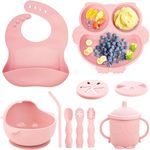SNOWIE SOFT® Baby Feeding Set of 10Pcs Food Grade Toddlers Silicone Food Plate Sipping Cup Bowl Set with Silicone Bib, Baby Cutleries, Self-Feeding Tableware Set for Toddlers, Sterilizable, Pink