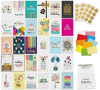 Dessie 30 Unique Happy Birthday Cards - 30 Gold Foil Birthday Cards Bulk With Message Inside. 32 White and Colored Envelopes, Perpetual Birthday Calendar and Gold Sealing Stickers Included In Box