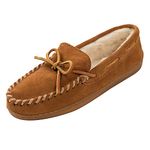 Minnetonka Womens Pile Lined Hardsole Moccasin Slipper Brown Suede Wide Size 7