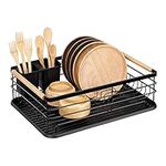 Navaris Dish Drainer Rack - Plate, Cutlery, Pots and Pans Drying Rack for Kitchen with Beechwood Handles - Modern Retro Design Drip Tray - Black