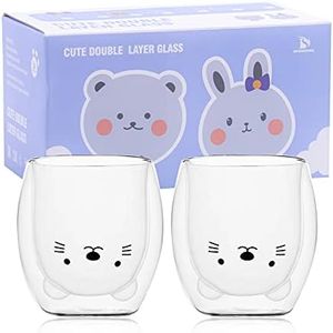 Cute Cat Mugs Set of 2 Cute Cups Cat Tea Coffee Cup 8.5oz Milk Cup Double Wall Insulated Glass Espresso Cups Glass Gifts for Personal Birthday Valentine's Day and Office (2 Pack, White Cat)