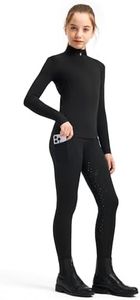 FitsT4 Sports Girls Equestrian Outfits, 2 Piece Kids Horse Riding Set, Girls Equestrian Shirt & Knee-Patch Silicone Breeches with Pockets Black XL