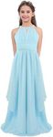 TiaoBug Girls Halter Neck Lace Chiffon Flower Dress Wedding Bridesmaid Pageant Party Prom Ball Maxi Gown Light Blue 12 Years