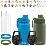 XccMe 12oz Kids Water Bottle,2 Pack Stainless Steel Drink Flask with 4 Lids,2 Straws,Straws Brushs,Silicone Boot and Stickers,Insulated Thermos for School Girls and Boys (Blue+Army Green)