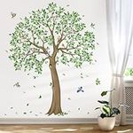 decalmile Large Green Tree Wall Stickers Falling Leaves Birds Wall Decals Living Room Bedroom Office Wall Decor(H: 59 inches/150 cm)