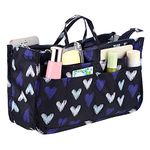 IGNPION Printed Insert Handbag Purse Organiser 13 Pockets Expandable Liner Bag Pouch Zipper Closure Tote Organiser Diaper Bag Insert with Handle (Blue Heart)