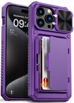 Vihibii for iPhone 15 Pro Max Case with Card Holder (4 Cards) & Slide Camera Cover & Kickstand, Military Grade Drop Protection, Rugged Hard Back & Silicone Edge Wallet Back Cover, 6.7", Dark Purple