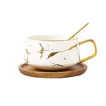 Eplze YBK Tech Porcelain Tea Cup Coffee Mug Set for Afternoon Tea - Marble Pattern (White, Short 300ml + Wood Saucer)