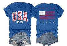 American Flag Shirt Women: Patriotic Shirt USA Flag Stars Stripes Print Short Sleeve T-Shirt 4th of July Tee Tops, Blue2, L