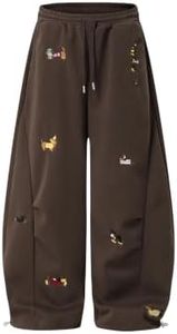 Aelfric Eden Embroidery Puppy Baggy Barrel Sweatpants Casual Y2K Elastic Drawstring Unisex Wide Leg Pants Lantern Trouser Brown S
