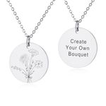 INBLUE Personalized Engraved Birth Flower Disc Necklace for Women Customized Text Stainless Steel Round Pendant Combined Birth Flower Bouquet Necklace Fashion Dainty Jewelry Gift for Birthday - A3