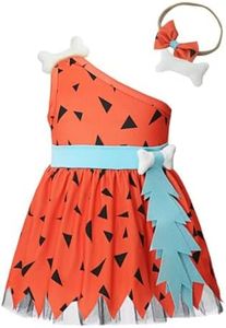 Dressy Daisy Toddler Cave Girl Halloween Party Dress Up Stone Age Outfit with Bone Headband Size 4-5, Orange