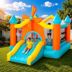 Windmill Bounce House for Big Kids, Inflatable Bouncy Castle with Slide, Spacious Jump Area & Dual Hoops, 12.5 × 10FT, Fits 3-4 Kids Ages 3-10, with 550W Blower, Outdoor Backyard Birthday Parties