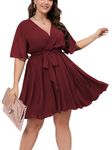 SCOMCHIC Plus Size Cocktail Dresses for Women Wedding Guest Wrap V Neck A Line Belted Mini Dress Burgundy XL