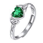 May Birthstone Ring Sterling Silver, Adjustable Celtic Knot Heart Ring, Pretty Rings Birthstone Jewelry, Crystal Emerald Engagement Rings for Women