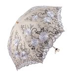 Honeystore Vintage Lace UV Sun Parasol Folding 3D Flower Embroidery Umbrella 2 Folding Grey