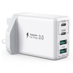 USB C Plug, 40W 4-Port USB A+C Fast Charger Plug, Dual PD Type C Port+Dual QC USB A Port, UK Wall Charger Charging Plug USB C Power Adapter for iPhone 11/12/13/14/15 Series/XS/XR/SE/8/Samsung/iPad