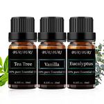 BURIBURI Tea Tree, Eucalyptus and Vanilla Essential Oil Set, 100% Pure Organic Aromatherapy Oils, 3 x 10ml