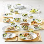 Larah by Borosil Green Leaves Silk Series Opalware Dinner Set | 47 Pieces for Family of 8 | Microwave & Dishwasher Safe | Bone-Ash Free | Crockery Set for Dining & Gifting | Plates & Bowls | White