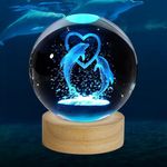 Qolixs Dolphin Gift 3D Dolphins Figurines in Crystal Ball 60mm Laser Engraved Glass Sphere Home Decor with Wooden Light Base (Dolphin Ball 16 Color Light with Remote)