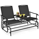 Tangkula 2 Person Glider Bench Chair, Patio Rocking Loveseat w/Center Tempered Glass Table, Outdoor Swing Bench w/Steel Frame & Breathable Mesh Fabric for Porch, Balcony, Poolside