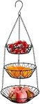 Jucoan 3-Tier Hanging Fruits Basket, Heavy Duty Wire Vegetable Fruit Storage Basket with Metal Chain, Hanging Hooks and Detachable Round Baskets for Kitchen