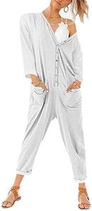 Aoysky Oversize Women's One Piece Button Up Jumpsuit Casual Loose Short Sleeve V Neck Long Pants Rompers, Long Sleeve-white, Large