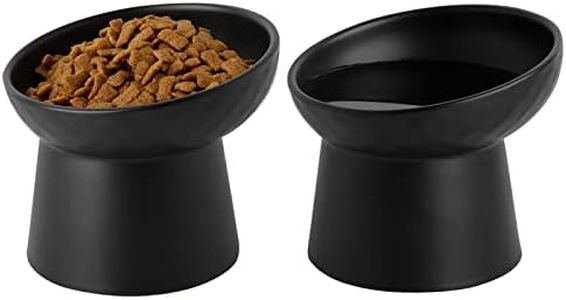 KITCHENLESTAR Ceramic Raised Cat Bowls, Elevated Tilted Cat Food and Water Bowls Set, Porcelain Stress Free Pet Feeder Dish for Cats and Small Dogs, Dishwasher and Microwave Safe, Set of 2(Black)