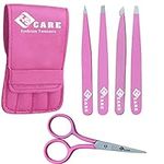 YSCARE Tweezers 5 Piece Nail Scissors Stainless Steel Slanted and Pointed Tip Hairs Tweezer Set Eyebrows Plucking Eyelash Extension Beauty Ingrown Hair Remover Tool for Women and Men (Pink)