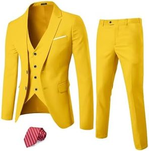 YND Men's Slim Fit 2 Button 3 Piece Suit Set, Blazer Jacket Vest Pants and Tie, Solid Wedding Dress Tux and Trousers Yellow