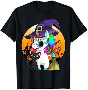 Gráfico de la bruja del Unicornio Gato negro de Halloween Camiseta