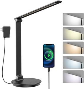 MONGERY LED Desk Lamp with USB Charging Port, Touch Control Dimmable Office Lamp, 5 Color Modes 6 Brightness Levels Eye-Caring Table Lamp for Home Office Bedroom Reading Study, Black